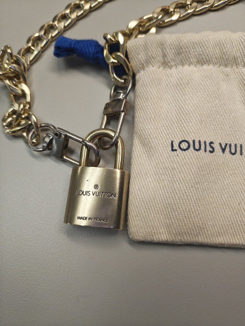 Louis Vuitton Gold Padlock With Chain and Blue Drawstring Pouch #303 - Picture 2 of 5